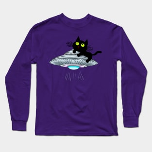 Lucky Black Cat on a UFO Long Sleeve T-Shirt